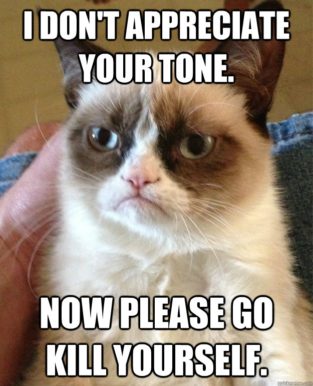 I don't appreciate your tone. Now please go kill yourself.  Grumpy Cat