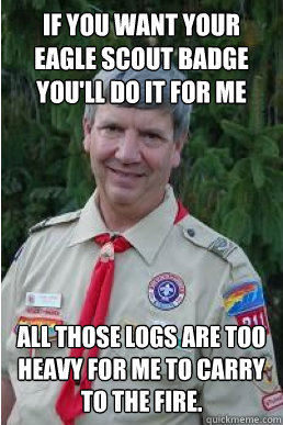 If you want your eagle scout badge you'll do it for me All those logs are too heavy for me to carry to the fire.  Harmless Scout Leader