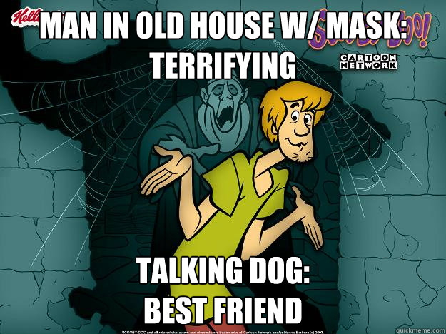 Man in old house w/ mask: Terrifying Talking dog:
Best friend  Irrational Shaggy