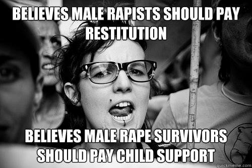 believes male rapists should pay restitution believes male rape survivors should pay child support  Hypocrite Feminist