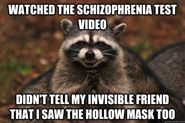 Watched the schizophrenia test video Didn't tell my invisible friend that I saw the hollow mask too  Evil Plotting Raccoon