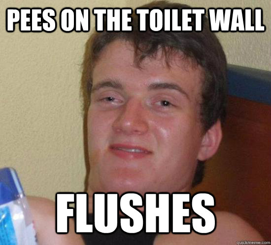 pees on the toilet wall flushes  Really High Guy