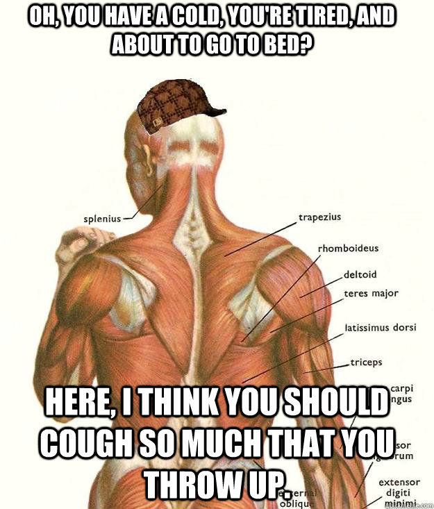 Oh, you have a cold, you're tired, and about to go to bed? Here, I think you should cough so much that you throw up.  Scumbag body