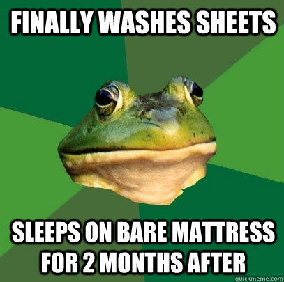 Finally washes sheets sleeps on bare mattress for 2 months after - Finally washes sheets sleeps on bare mattress for 2 months after  Foul Bachelor Frog