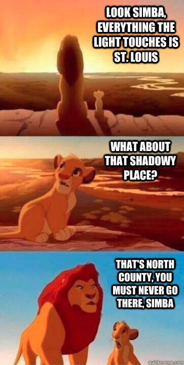 Look Simba, everything the light touches is St. Louis What about that shadowy place? That's North County, you must never go there, Simba  SIMBA