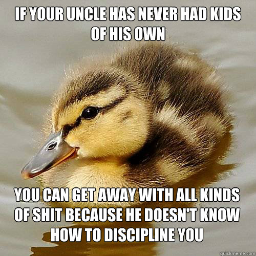 if your uncle has never had kids of his own you can get away with all kinds of shit because he doesn't know how to discipline you - if your uncle has never had kids of his own you can get away with all kinds of shit because he doesn't know how to discipline you  Actual Kids Advice Mallard