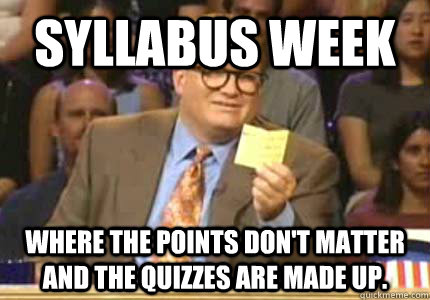 Syllabus Week Where the points don't matter and the quizzes are made up.  Whose Line