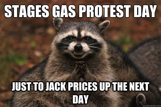 Stages gas protest day just to jack prices up the next day - Stages gas protest day just to jack prices up the next day  Evil Plotting Raccoon