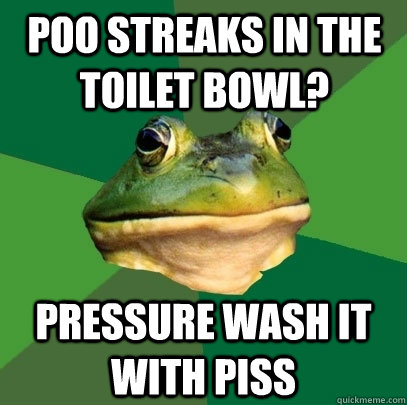 poo streaks in the toilet bowl? pressure wash it with piss - poo streaks in the toilet bowl? pressure wash it with piss  Foul Bachelor Frog