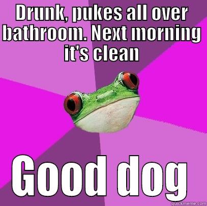 DRUNK, PUKES ALL OVER BATHROOM. NEXT MORNING IT'S CLEAN GOOD DOG Foul Bachelorette Frog