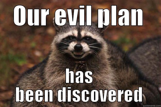 OUR EVIL PLAN HAS BEEN DISCOVERED Evil Plotting Raccoon