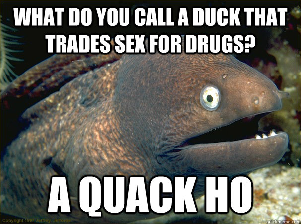 What do you call a duck that trades sex for drugs? A Quack Ho  Bad Joke Eel