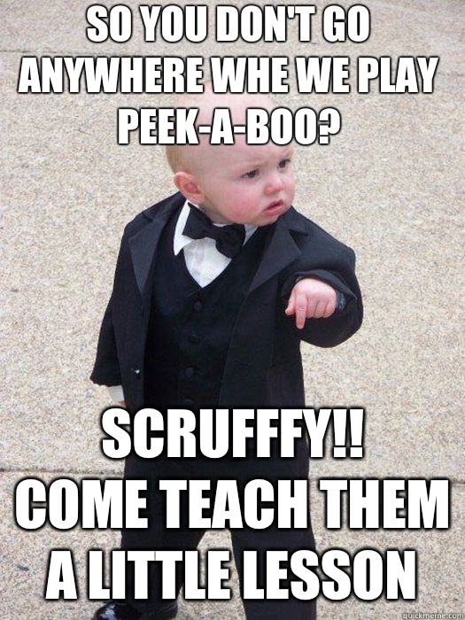 So you don't go anywhere whe we play peek-a-boo? Scrufffy!!
Come teach them a little lesson   Baby Godfather