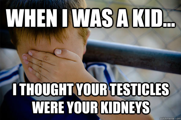 WHEN I WAS A KID... i thought your testicles were your kidneys   Confession kid