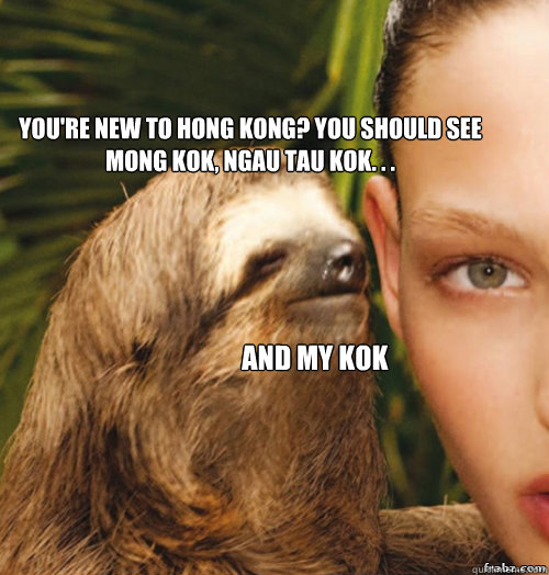 you're new to hong kong? You should see mong kok, ngau tau kok. . . and my kok  rape sloth