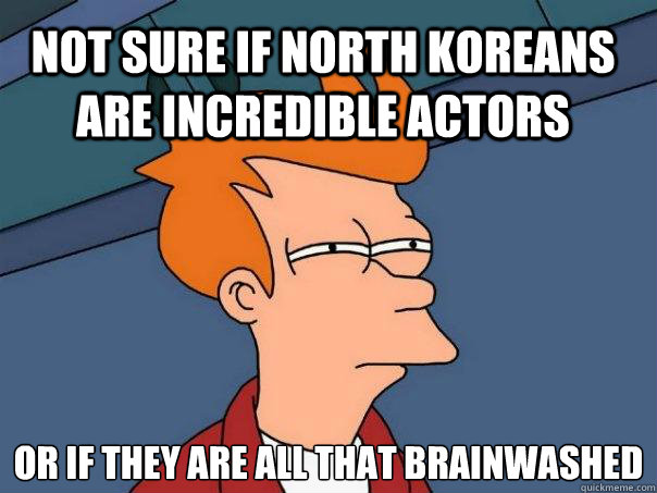 Not sure if North Koreans are incredible actors Or if they are all that brainwashed  Futurama Fry