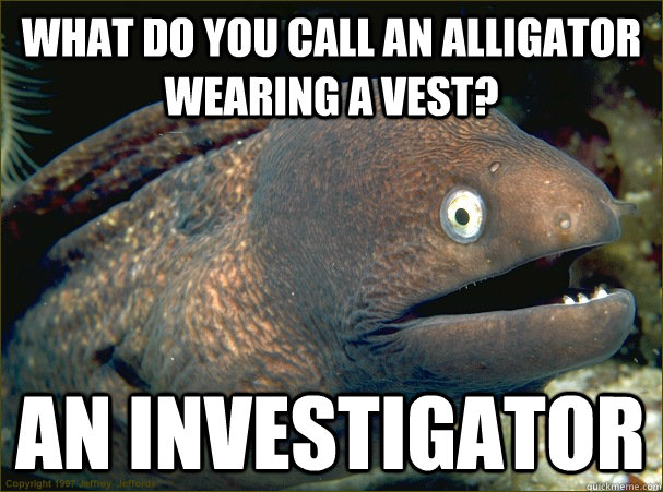 What do you call an alligator wearing a vest? An investigator  Bad Joke Eel