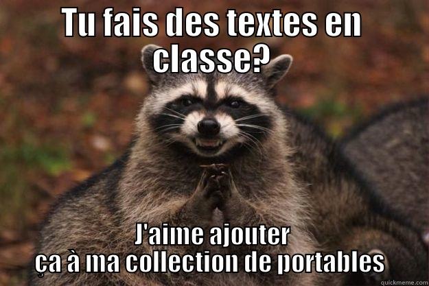 Ne texte pas! - TU FAIS DES TEXTES EN CLASSE? J'AIME AJOUTER ÇA À MA COLLECTION DE PORTABLES  Evil Plotting Raccoon