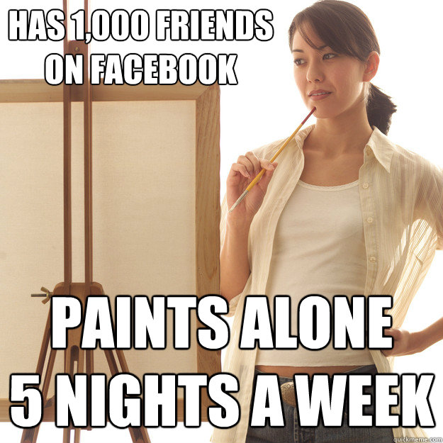 Has 1,000 friends 
on facebook Paints alone
5 nights a week  