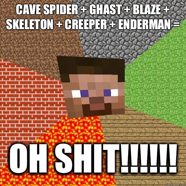 Cave spider + ghast + blaze + skeleton + creeper + enderman = OH SHIT!!!!!!  Minecraft