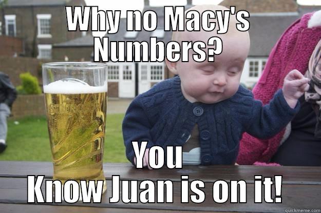 WHY NO MACY'S NUMBERS? YOU KNOW JUAN IS ON IT!  drunk baby