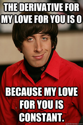 BECAUSE MY LOVE FOR YOU IS CONSTANT. THE DERIVATIVE FOR MY LOVE FOR YOU IS 0  Howard Wolowitz