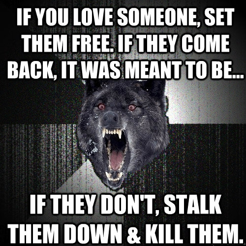 if you love someone, set them free. if they come back, it was meant to be... if they don't, stalk them down & kill them.  Insanity Wolf