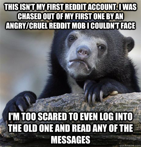 This isn't my first reddit account. I was chased out of my first one by an angry/cruel reddit mob I couldn't face I'm too scared to even log into the old one and read any of the messages  Confession Bear