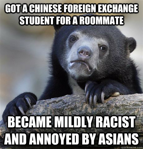 Got a Chinese foreign exchange student for a roommate  Became mildly racist and annoyed by asians  Confession Bear