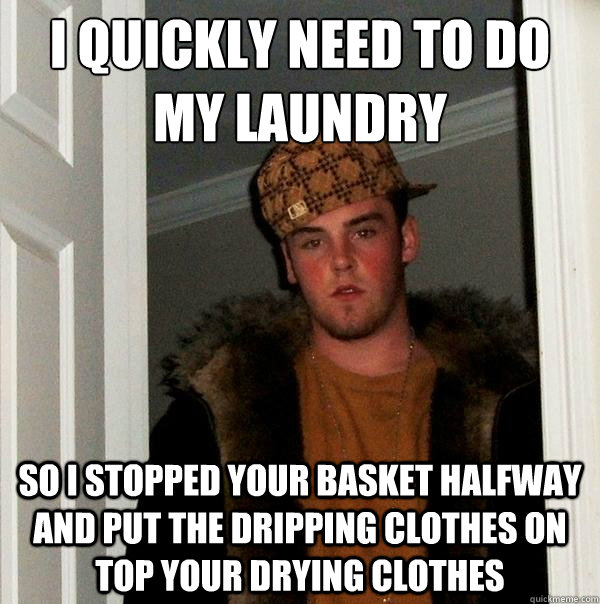 I quickly need to do my laundry So I stopped your basket halfway and put the dripping clothes on top your drying clothes - I quickly need to do my laundry So I stopped your basket halfway and put the dripping clothes on top your drying clothes  Scumbag Steve