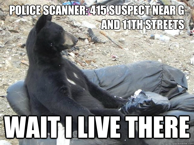 police scanner: 415 suspect near g and 11th streets wait i live there - police scanner: 415 suspect near g and 11th streets wait i live there  Sudden Realization Bear