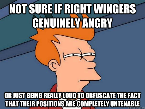 Not sure if right wingers genuinely angry or just being really loud to obfuscate the fact that their positions are completely untenable   Futurama Fry