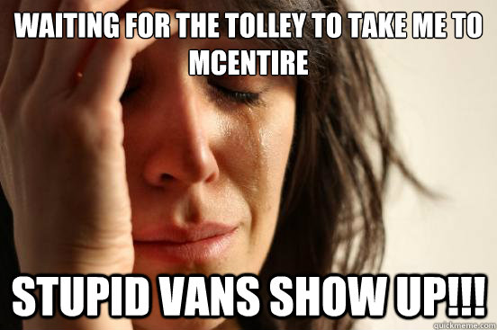 Waiting for the tolley to take me to McEntire Stupid Vans Show Up!!!  First World Problems