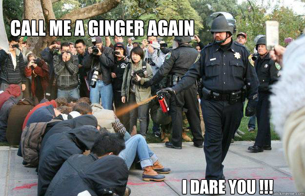 Call me a ginger again
 I dare you !!!  Pimp Pepper Spray Cop