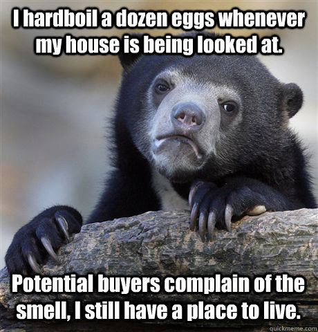 I hardboil a dozen eggs whenever my house is being looked at. Potential buyers complain of the smell, I still have a place to live.  Confession Bear