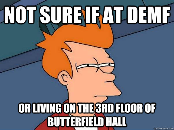 Not sure if at demf Or living on the 3rd floor of Butterfield Hall  Futurama Fry