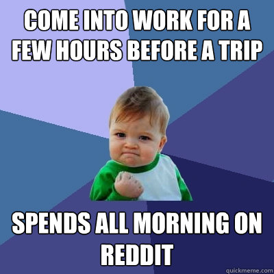 Come into work for a few hours before a trip Spends all morning on reddit  Success Kid