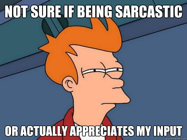 not sure if being sarcastic or actually appreciates my input  Futurama Fry