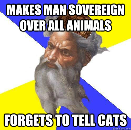 Makes man sovereign over all animals Forgets to tell CATS  Scumbag God