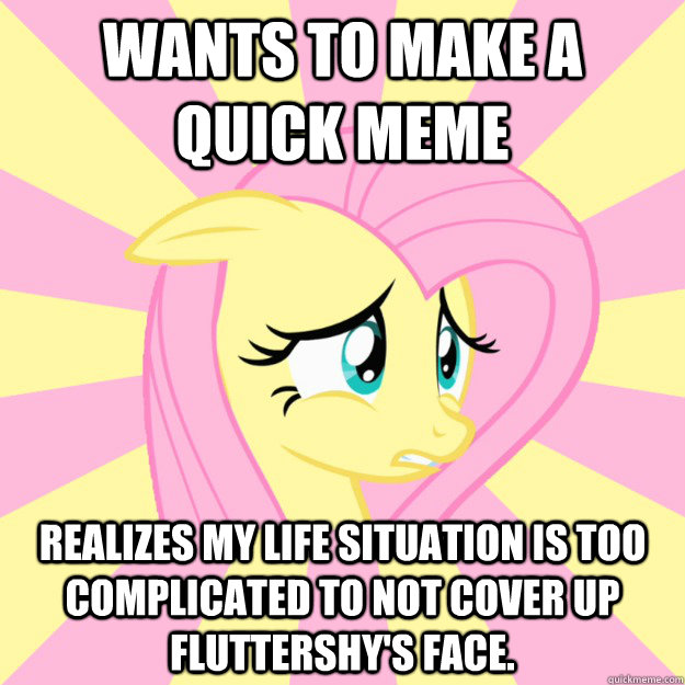 Wants to make a quick meme realizes my life situation is too complicated to not cover up fluttershy's face. - Wants to make a quick meme realizes my life situation is too complicated to not cover up fluttershy's face.  Socially awkward brony