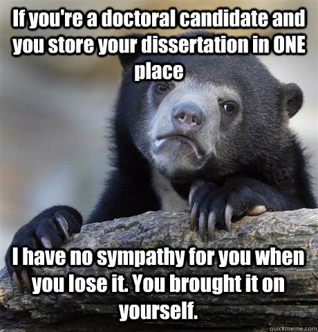 If you're a doctoral candidate and you store your dissertation in ONE place I have no sympathy for you when you lose it. You brought it on yourself. - If you're a doctoral candidate and you store your dissertation in ONE place I have no sympathy for you when you lose it. You brought it on yourself.  Confession Bear