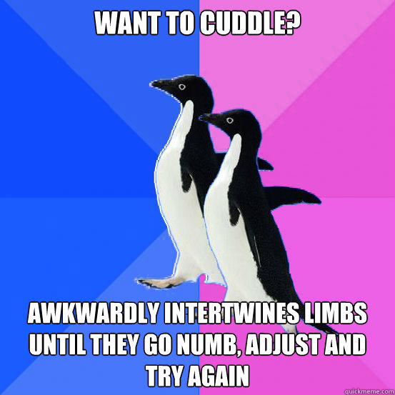 want to cuddle? awkwardly intertwines limbs until they go numb, adjust and try again  Socially Awkward Couple