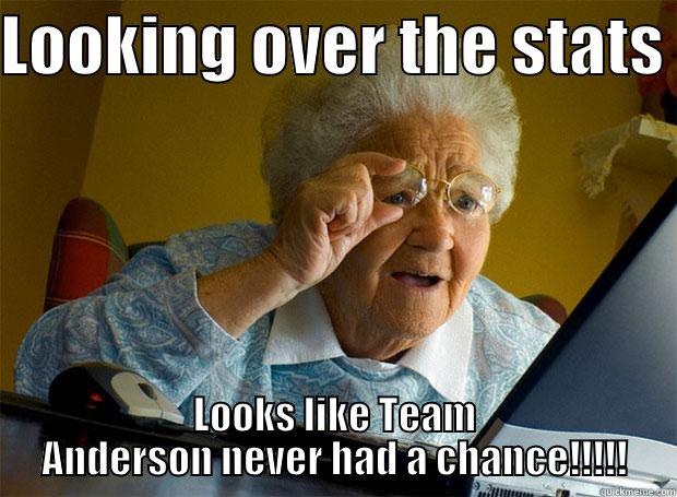 LOOKING OVER THE STATS  LOOKS LIKE TEAM ANDERSON NEVER HAD A CHANCE!!!!! Grandma finds the Internet