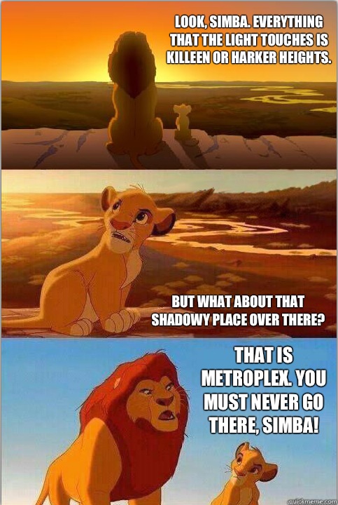 Look, Simba. Everything that the light touches is Killeen or Harker Heights. But what about that shadowy place over there? That is Metroplex. You must NEVER go there, Simba!  Shadowy Place from Lion King