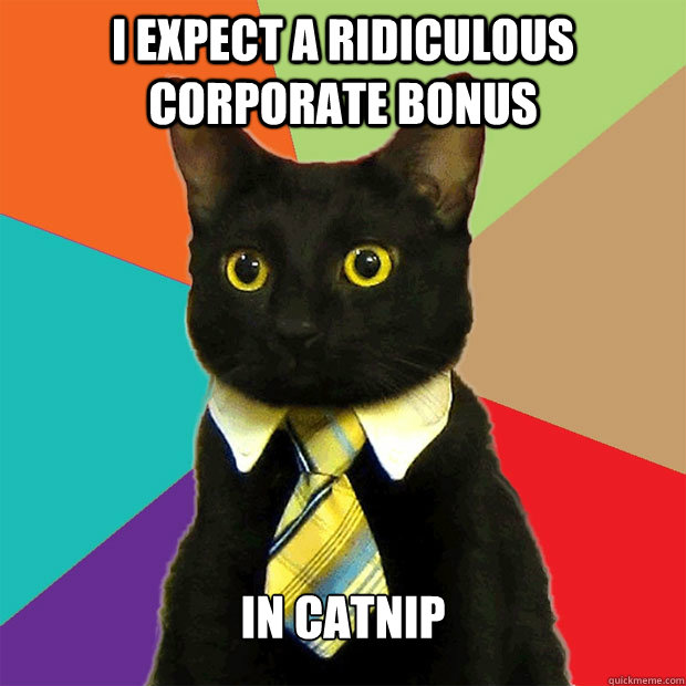 I expect a ridiculous corporate bonus  in catnip  Business Cat
