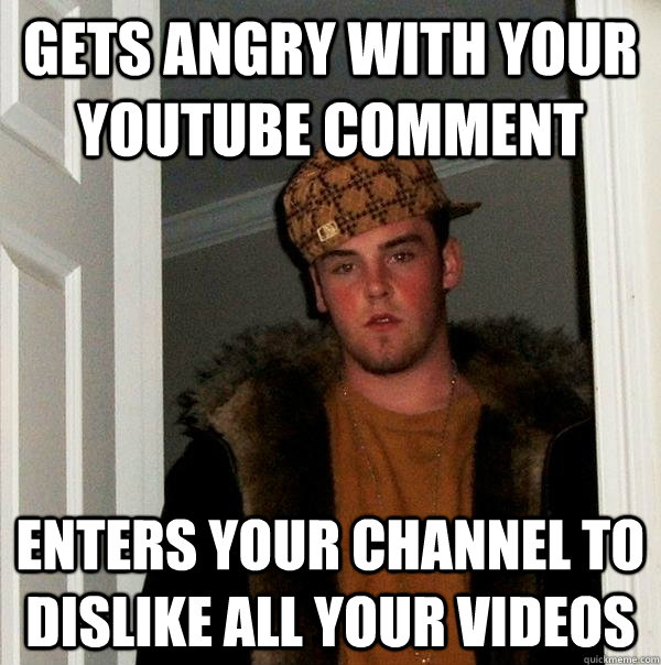 gets angry with your youtube comment enters your channel to dislike all your videos  Scumbag Steve