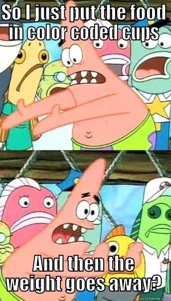 SO I JUST PUT THE FOOD IN COLOR CODED CUPS AND THEN THE WEIGHT GOES AWAY? Push it somewhere else Patrick