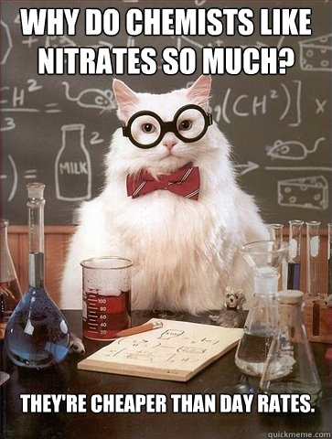 Why do chemists like nitrates so much? They're cheaper than day rates.   Chemistry Cat