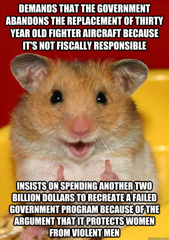 demands that the government abandons the replacement of thirty year old fighter aircraft because it's not fiscally responsible insists on spending another two billion dollars to recreate a failed government program because of the argument that it protects  Rationalization Hamster