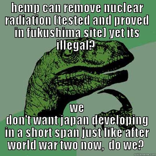 HEMP CAN REMOVE NUCLEAR RADIATION (TESTED AND PROVED IN FUKUSHIMA SITE) YET ITS ILLEGAL?  WE DON'T WANT JAPAN DEVELOPING IN A SHORT SPAN JUST LIKE AFTER WORLD WAR TWO NOW,  DO WE?  Philosoraptor